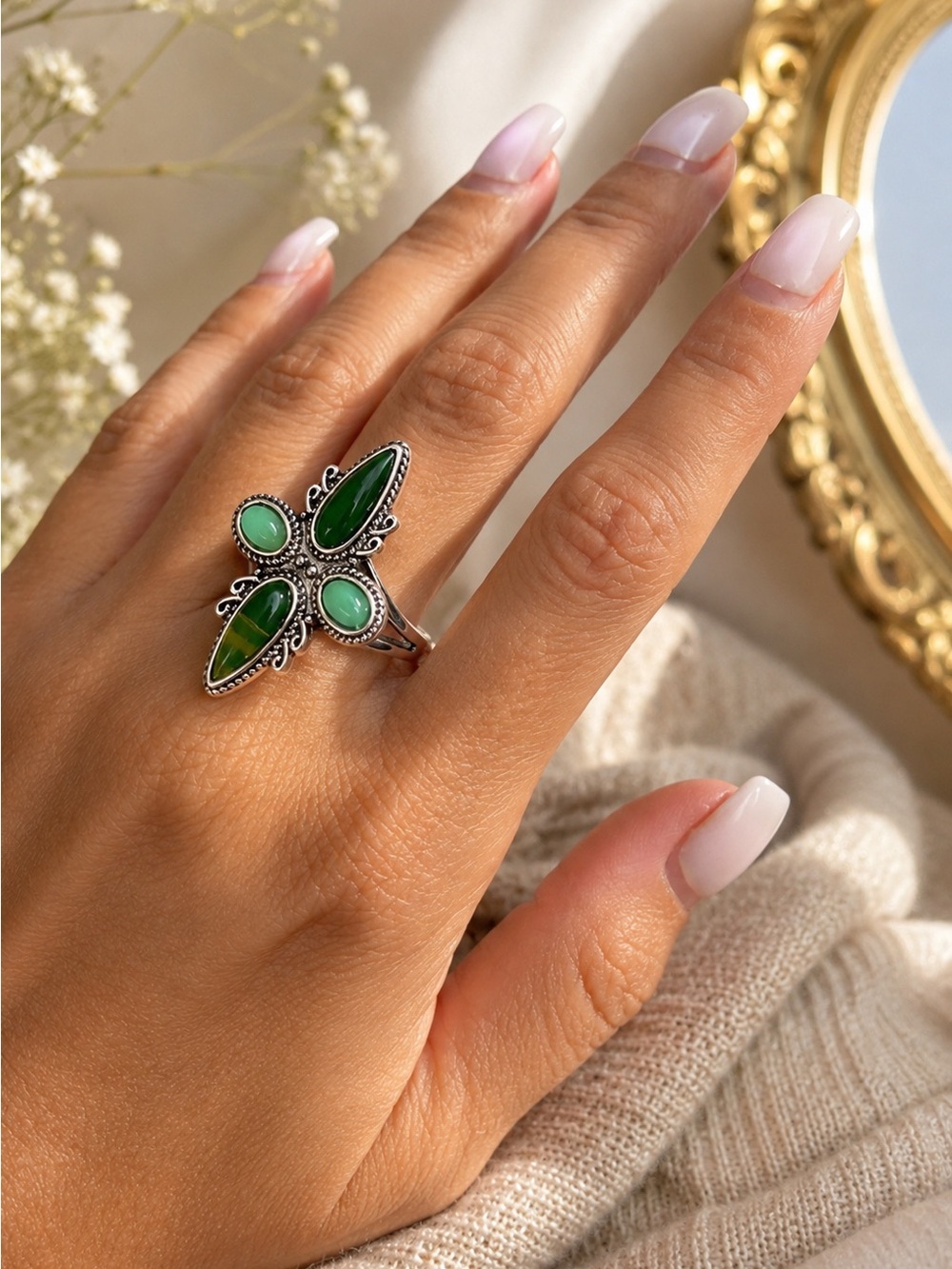 Vintage Green Turquoise Cross Statement Ring